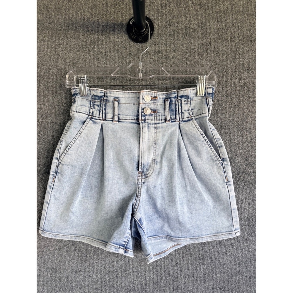 Express Womens Light Wash Denim Paperbag Midi Super High Rise Shorts Size‎ 0